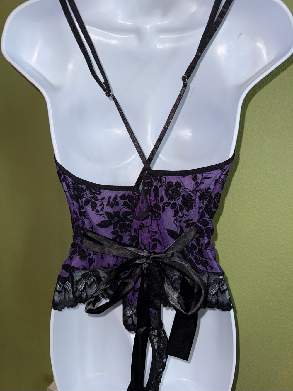 Purple and Black Lace Plunge Chemise Bodysuit - Picture 3 of 5